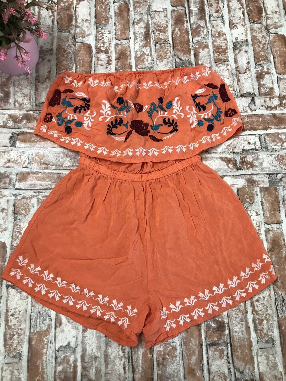 VGT Boho Y2K Rue21 White Embroidery Floral Ruffle/Cinched Romper Women's Sz SM